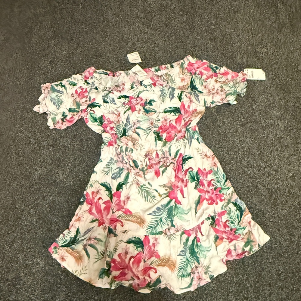Cream Pink Floral Off-Shoulder Mini Dress